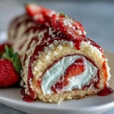 Freshly plated Strawberry Shortcake Sushi Roll drizzled with white chocolate and mint on a rustic table.