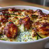 A close-up view shows golden mozzarella melted over the High Protein Chicken Zucchini Bake, with a bubbly finish.