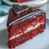 The finished Red Betty Boop Heart Cake sits on a marble platter, topped with a crisp dark chocolate silhouette. 