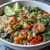 Colorful plating of Asian Noodle Bowl with Shrimp and Scallops, garnished with fresh cilantro and lime wedges on a bamboo mat.