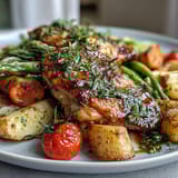 Healthy Easy Sheet Pan Chicken with Spring Veggies, roasted to golden perfection with tender asparagus and vibrant cherry tomatoes.  