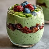 Vibrant fiber-rich avocado chia pudding parfait, a healthy breakfast treat.
