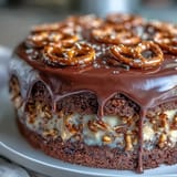 Rich chocolate cake layered with peanut butter filling and pretzel crunch.