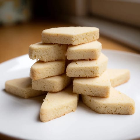 Golden-edged shortbread cookies, a buttery delight, ready to be enjoyed with a hot drink.