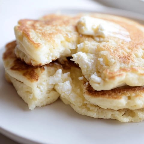 Fluffy cottage cheese pancakes with visible air bubbles, served with fresh berries for brunch.