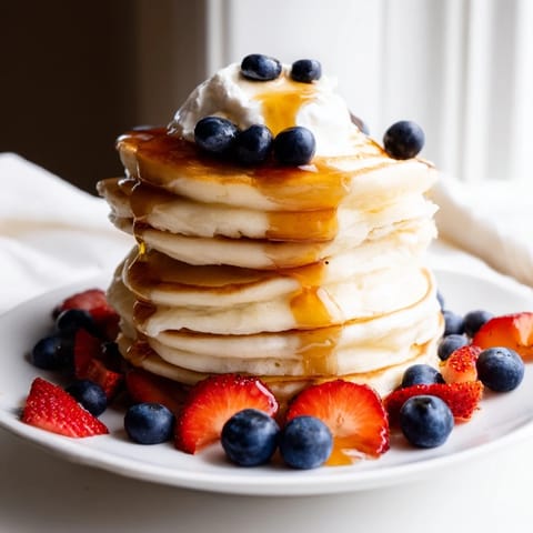 A perfect stack of silver dollar pancakes, fluffy, warm, and inviting with fresh berries on top.