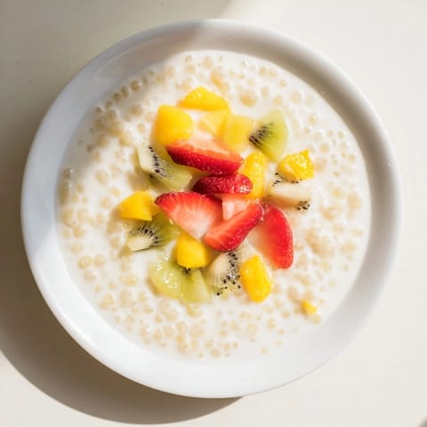 A close-up of a bowl of tapioca pudding shows its milky texture and fruity toppings.