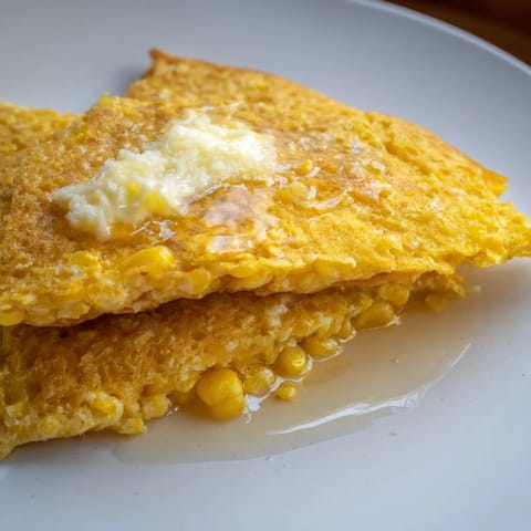 Stack of warm Corn Flapjacks, with visible corn kernels, ideal for a sweet and savory brunch.