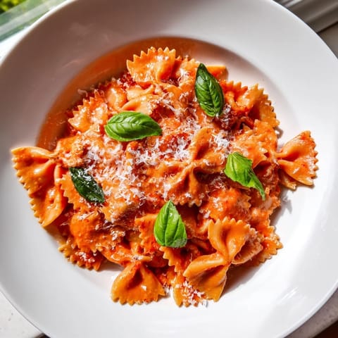 Hearty bowl of Tomato Basil Bowtie Pasta, garnished with fresh basil and melted Parmesan for a cozy meal.  