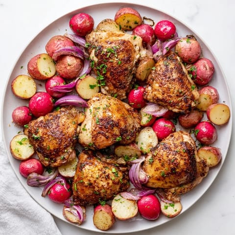 Golden roasted radish and chicken sheet pan with crispy skin, tender potatoes, and bright lemon zest ready to serve.