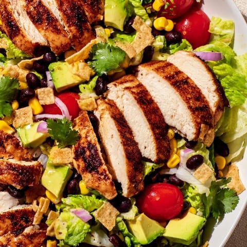 Serving of Honey Lime Chicken Taco Salad with juicy grilled chicken, crisp romaine, and tortilla strips.  