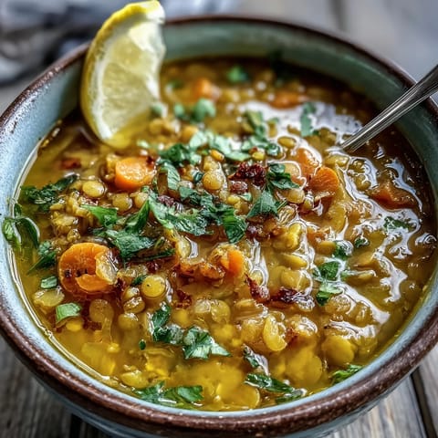 A steaming bowl of Mung Bean Soup garnished with fresh cilantro and a lemon wedge, served with flatbread for a cozy meal.  
