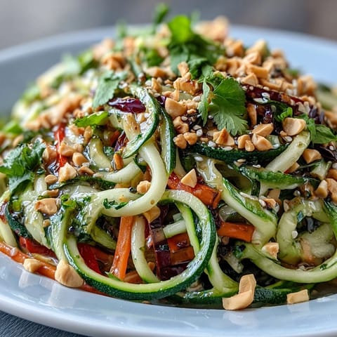 Vibrant spiralized zucchini, carrot, and cucumber noodles tossed in zesty sesame-ginger dressing, garnished with sesame seeds.