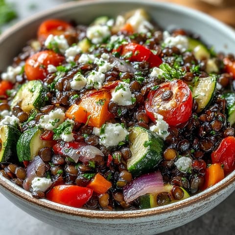 A close-up of Black Lentil Salad with Roasted Vegetables showing glossy beluga lentils, caramelized bell peppers, and fresh parsley.  
