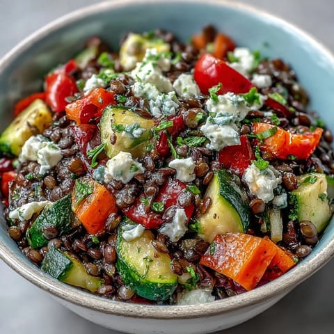 Overhead view of a serving bowl of Black Lentil Salad with Roasted Vegetables featuring zesty lemon dressing and crumbled feta.  