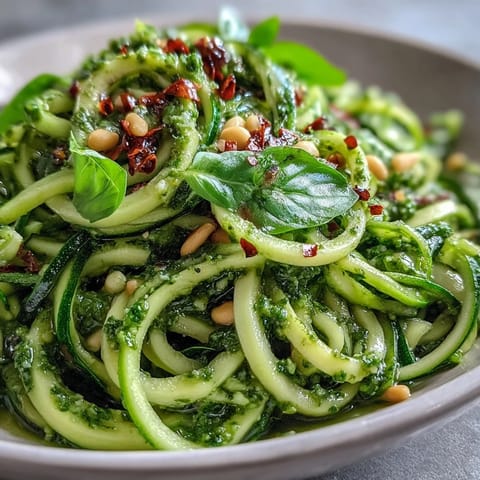 Bright green zucchini noodles tossed in homemade basil pesto, topped with grated Parmesan and fresh basil leaves.
