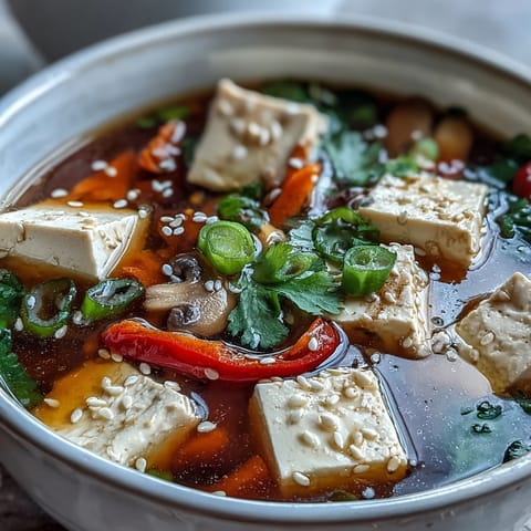 Tofu and Vegetable Soup served with lime wedges and sesame seeds, ready to enjoy alongside fresh spring rolls.