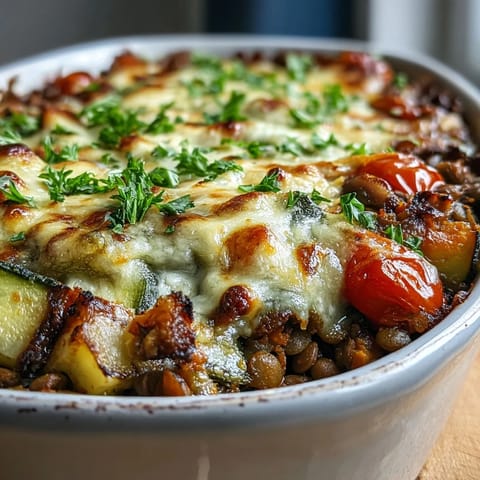 A close-up view of the golden-bubbly Green Lentil and Vegetable Casserole, fresh from the oven and garnished with fresh parsley.