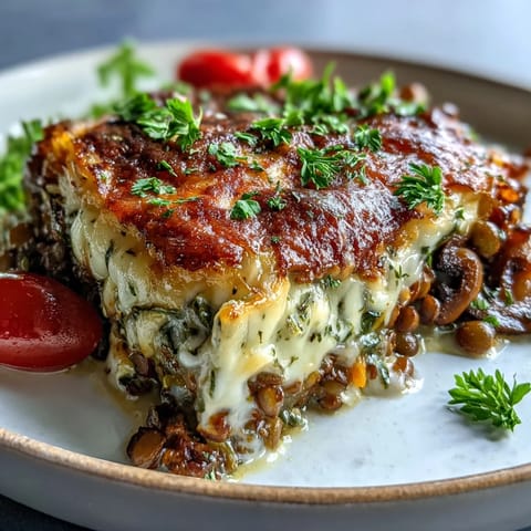 In a white ceramic dish, the hearty Green Lentil and Vegetable Casserole features tender lentils and colorful roasted vegetables.