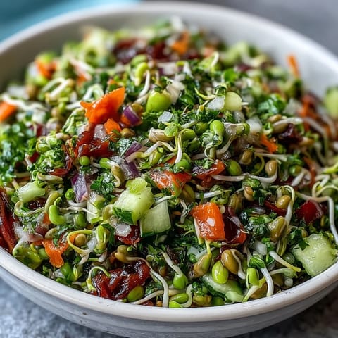 A vibrant Sprouted Seed Salad featuring a colorful mix of fresh sprouts, diced cucumbers, and crisp bell peppers tossed in a zesty lemon dressing.  
