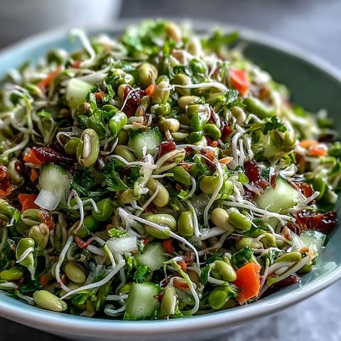 Freshly prepared Sprouted Seed Salad with mung bean and alfalfa sprouts topped with grated carrot and juicy red tomatoes for a crunchy side dish.  