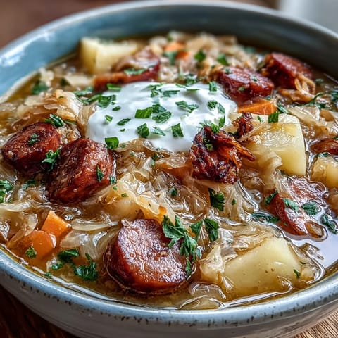 Tangy Sauerkraut Soup with smoked kielbasa, potatoes, and carrots served in a rustic ceramic bowl.