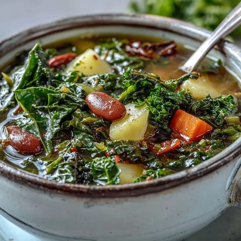 Steaming bowl of Kale Soup with carrots, potatoes, and creamy cannellini beans, served with crusty bread.