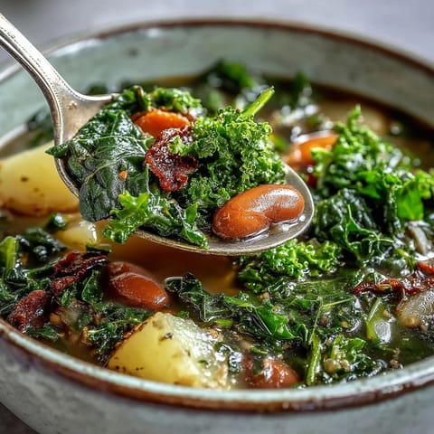 A vibrant close-up of freshly made Kale Soup, highlighting tender kale leaves and diced root vegetables.