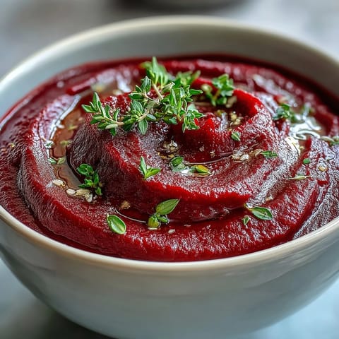 This vibrant, deep red roasted beet soup is served steaming in a rustic ceramic bowl, garnished with fresh thyme.