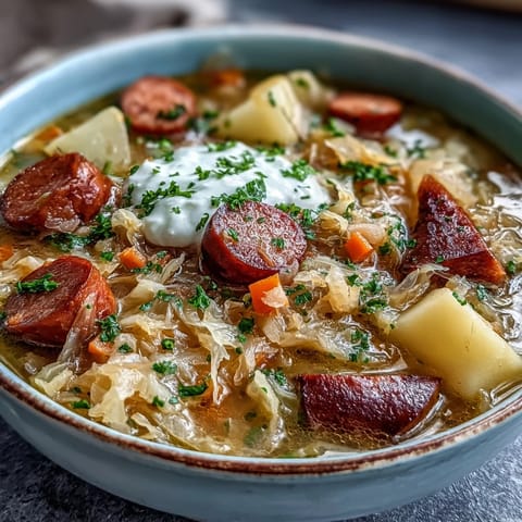 Steaming bowl of homemade Sauerkraut Soup garnished with fresh parsley and a dollop of sour cream.
