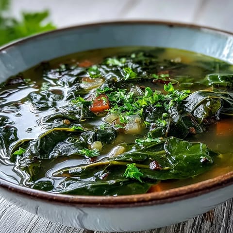 Swiss Chard Soup simmering in a pot with vibrant green leaves and chopped carrots, garlic, and celery.
