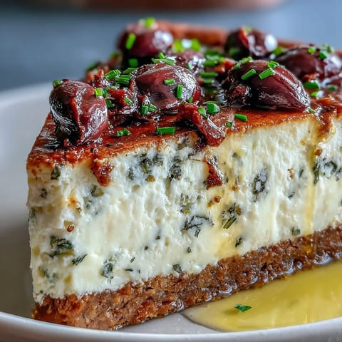 A wedge of savory Kalamata Cheesecake Appetizer reveals a creamy, herb-flecked filling and crisp olive oil-brushed crust.
