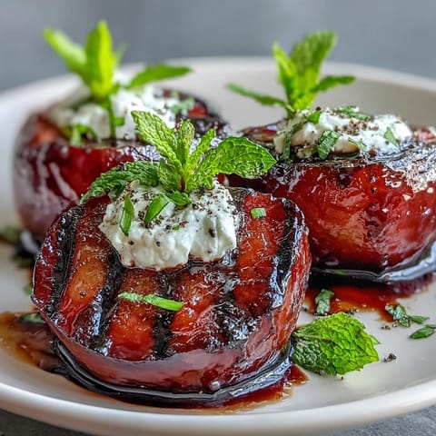 Grilled plums served warm, featuring a dollop of soft goat cheese and a sticky balsamic reduction, finished with chopped mint leaves.