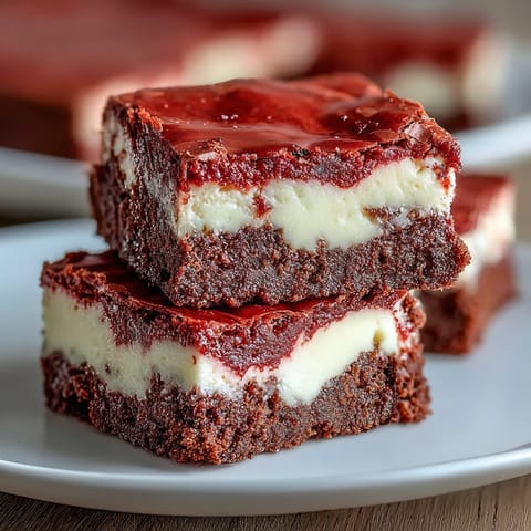 Decadent Red Velvet Cheesecake Brownies topped with white chocolate shavings served on a rustic cutting board.