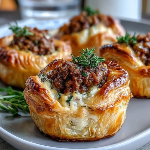 Golden-brown Mini Beef Tourtières with flaky cream cheese pastry, arranged on a wooden board with cranberry chutney.