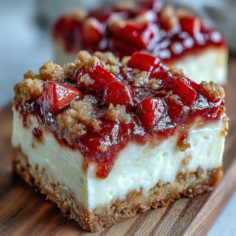 Slice of creamy Strawberry Cheesecake Bars on a plate next to fresh strawberries and a cup of coffee.