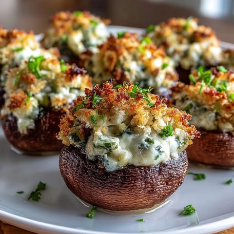 Golden-brown Stuffed Asiago-Basil Mushrooms bubbling with melted cheese and herbs on a dark serving platter.