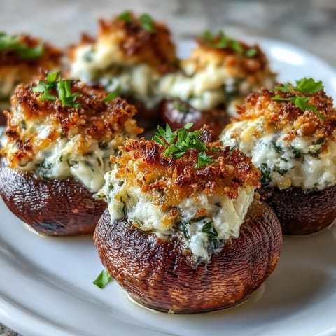 Savory Stuffed Asiago-Basil Mushrooms garnished with fresh basil and ready to serve at a party.
