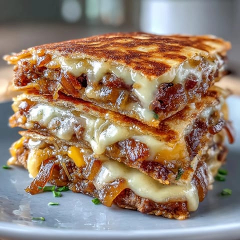 Close-up of Cheesy Griddled Smashburger Quesadillas with crisp edges, layered with beef, onions, and American cheese on a slate board.