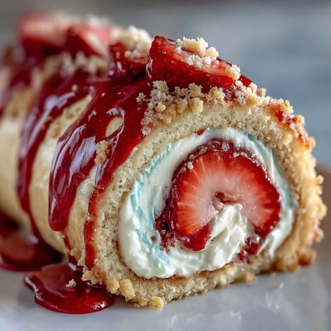 Sliced Strawberry Shortcake Sushi Roll pieces reveal creamy whipped cream and bright berries inside thin crepes.