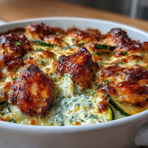 A close-up view shows golden mozzarella melted over the High Protein Chicken Zucchini Bake, with a bubbly finish.