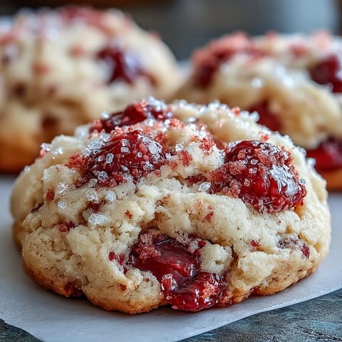 A close-up shows the sparkly sugar crust on Soft Chewy Raspberry Sugar Cookies, revealing their tender, chewy texture.