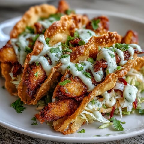 Crispy Chicken Wonton Tacos topped with creamy sriracha mayo and fresh cilantro on a plate.
