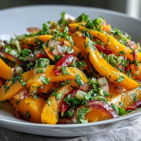 Refreshing Mango Salad sits beside lime wedges, showcasing juicy mango, cucumber, and peppers on a platter.