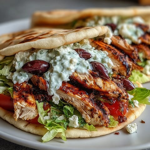 Golden-brown, charred slices of Mediterranean Chicken Gyros rest on warm pita, topped with creamy feta tzatziki and fresh vegetables.