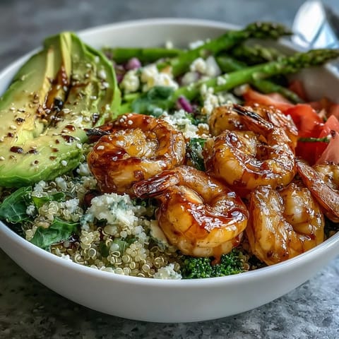 Freshly sautéed pink shrimp and crisp blanched broccoli atop fluffy quinoa in a Rainbow Vegetable Detox Bowl.