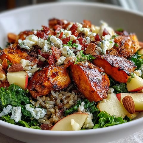 A freshly tossed Harvest Bowl with wild rice, tender chicken, roasted sweet potatoes, and crunchy almonds, drizzled with tangy balsamic dressing.