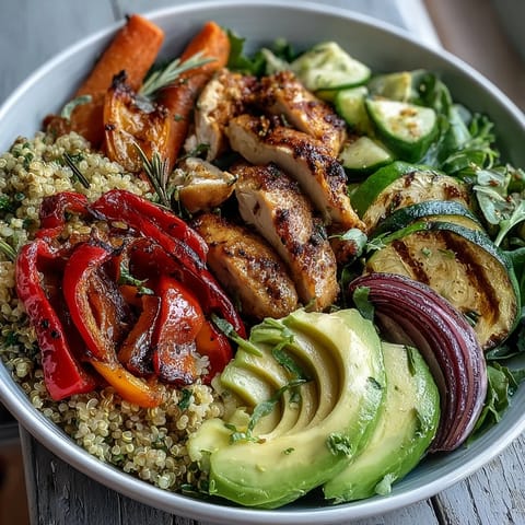 Golden pan-fried chicken and paprika roasted vegetables on fluffy quinoa topped with avocado and a lemon salad.