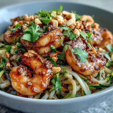 Bright, colorful Asian Noodle Bowl with plump shrimp, crisp zucchini, and carrots, tossed in savory sauce and topped with peanuts.