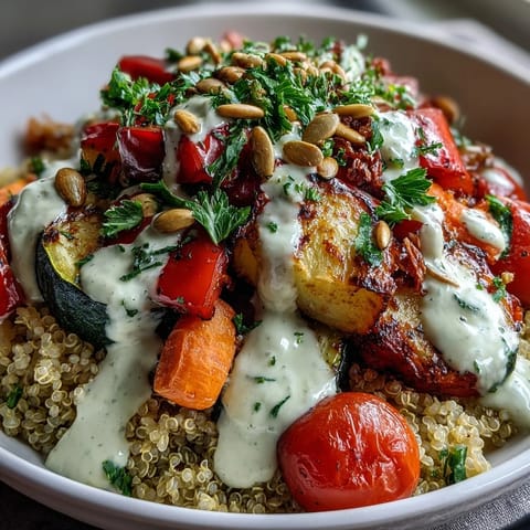 A creamy tahini sauce drizzled over the Mediterranean bowl adds tangy richness and a glossy finish.